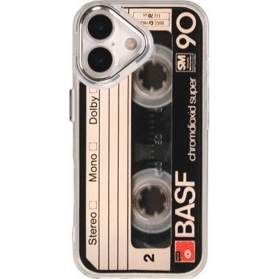 Coque iPhone 17 - Cassette r&eacute;tro en silicone avec renforts m&eacute;talliques pour boutons et protection cam&eacute;ra - Noir