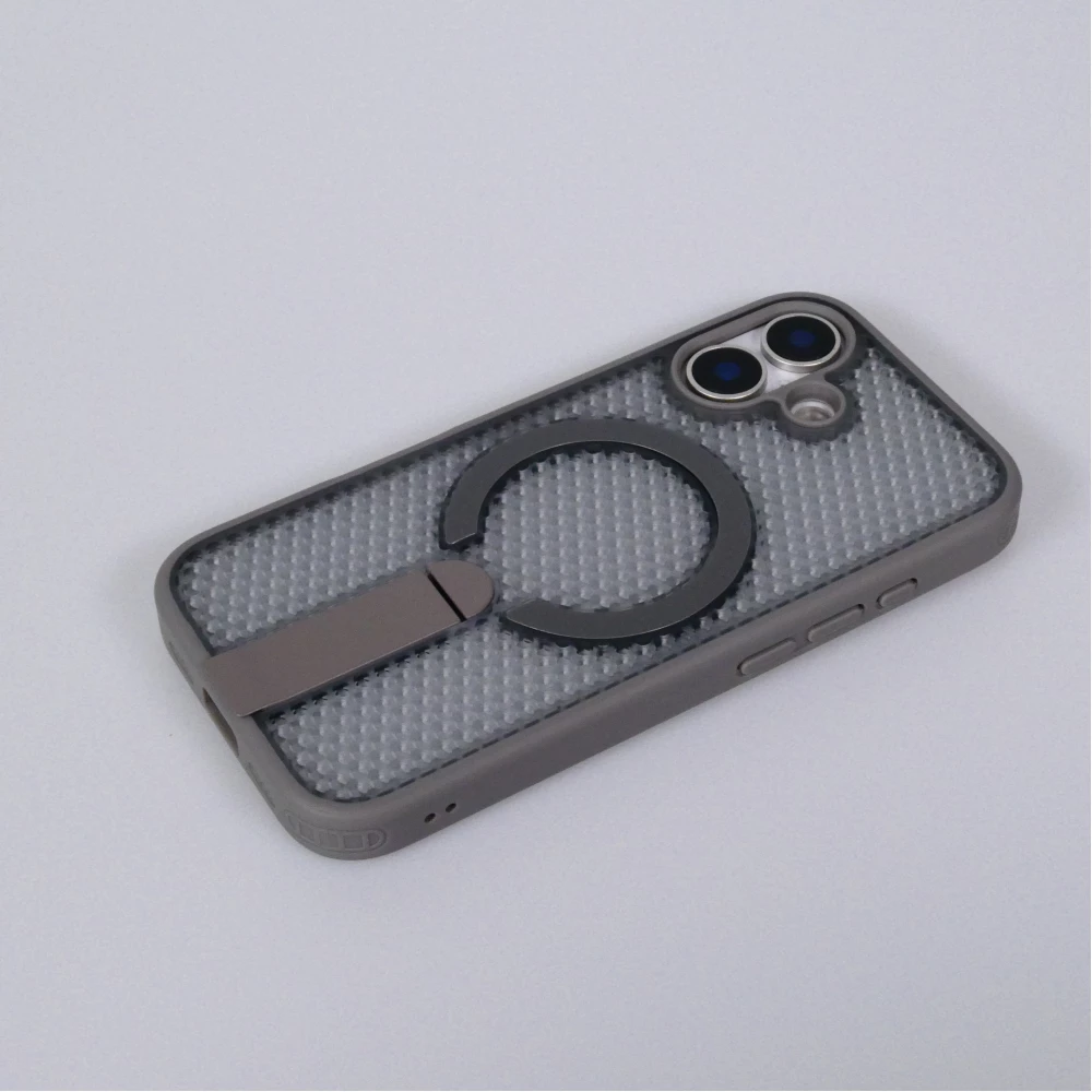 Coque iPhone 17 - Design perfor&eacute; semi-transparent MagSafe avec support int&eacute;gr&eacute; et bords renforc&eacute;s en silicone - Gris