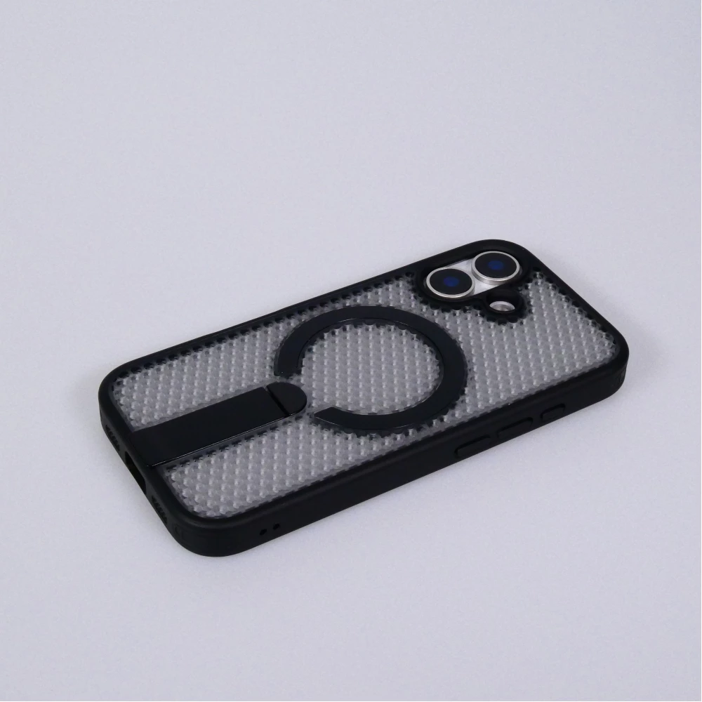 Coque iPhone 17 - Design perfor&eacute; semi-transparent MagSafe avec support int&eacute;gr&eacute; et bords renforc&eacute;s en silicone - Noir