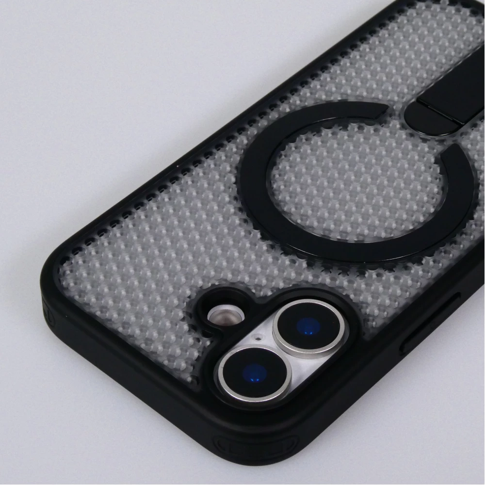 Coque iPhone 17 - Design perfor&eacute; semi-transparent MagSafe avec support int&eacute;gr&eacute; et bords renforc&eacute;s en silicone - Noir