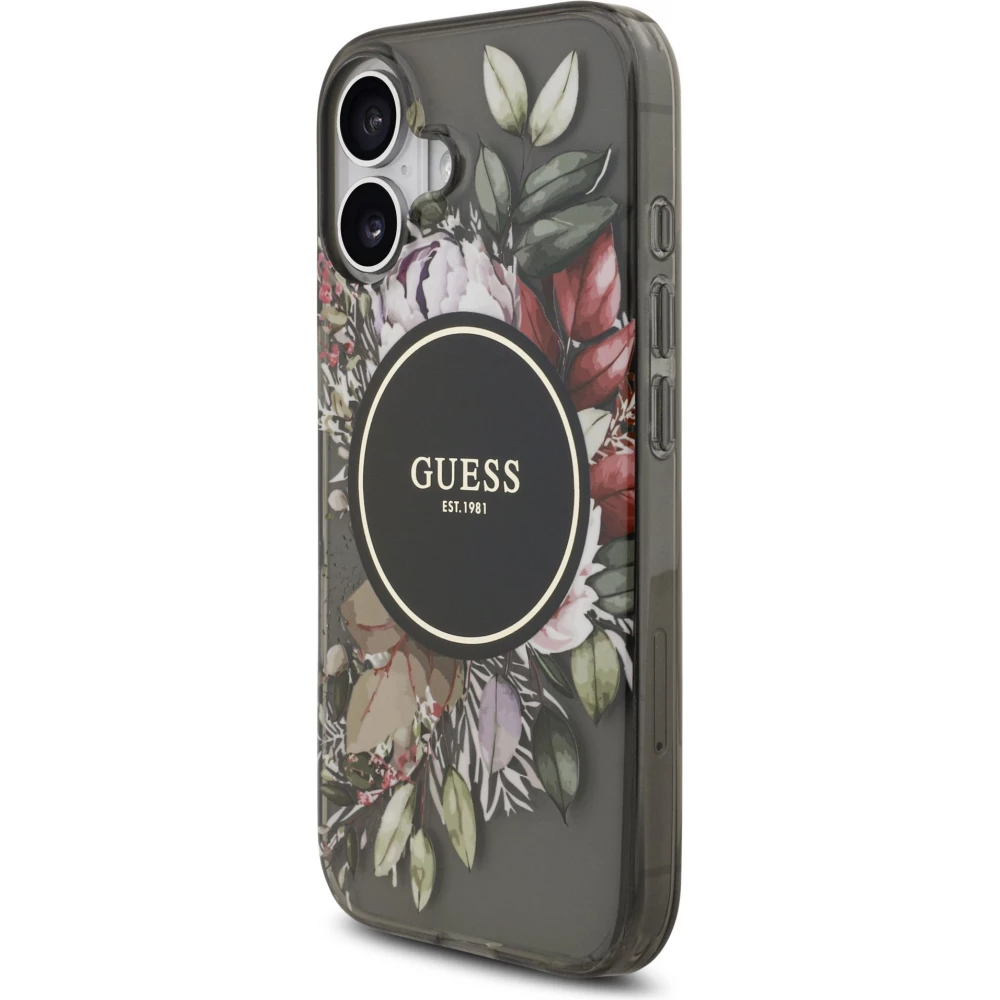 iPhone 17 Case H&uuml;lle - Guess IML Blumen mit Handgelenk-Kette, kompatibel mit MagSafe, elegante und trendige Schutzh&uuml;lle - Schwarz