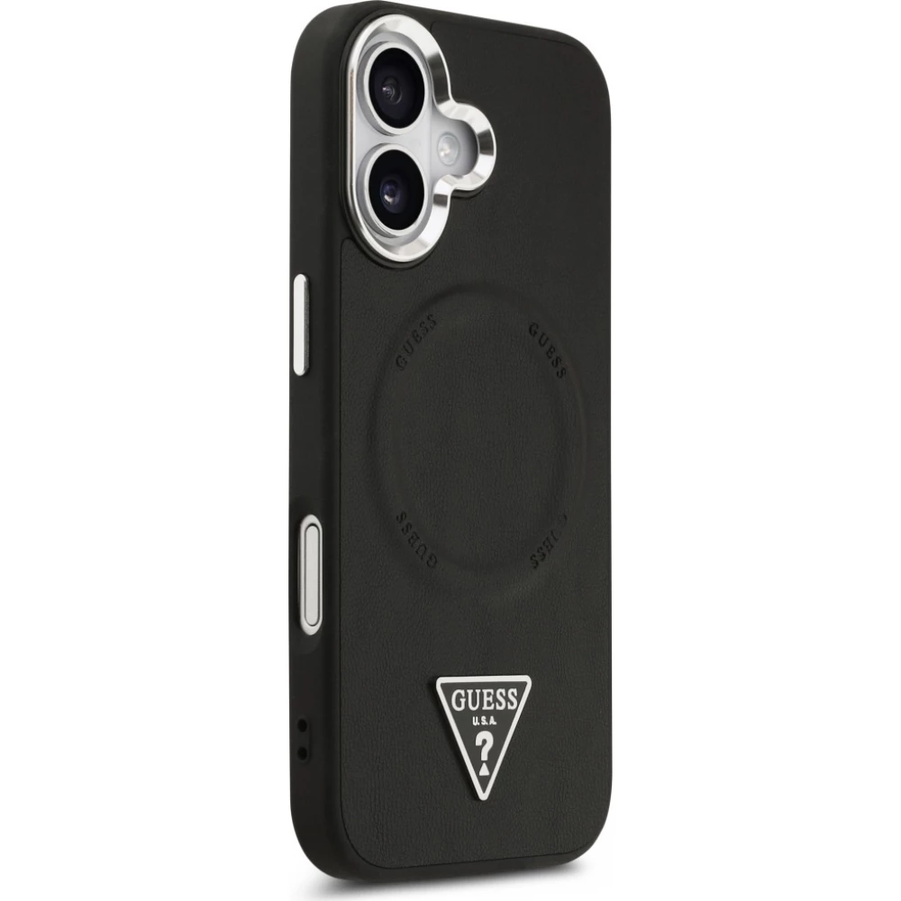 Coque iPhone 17 - Guess MagSafe cuir PU avec logo triangle et cadre caméra métal argenté - Noir