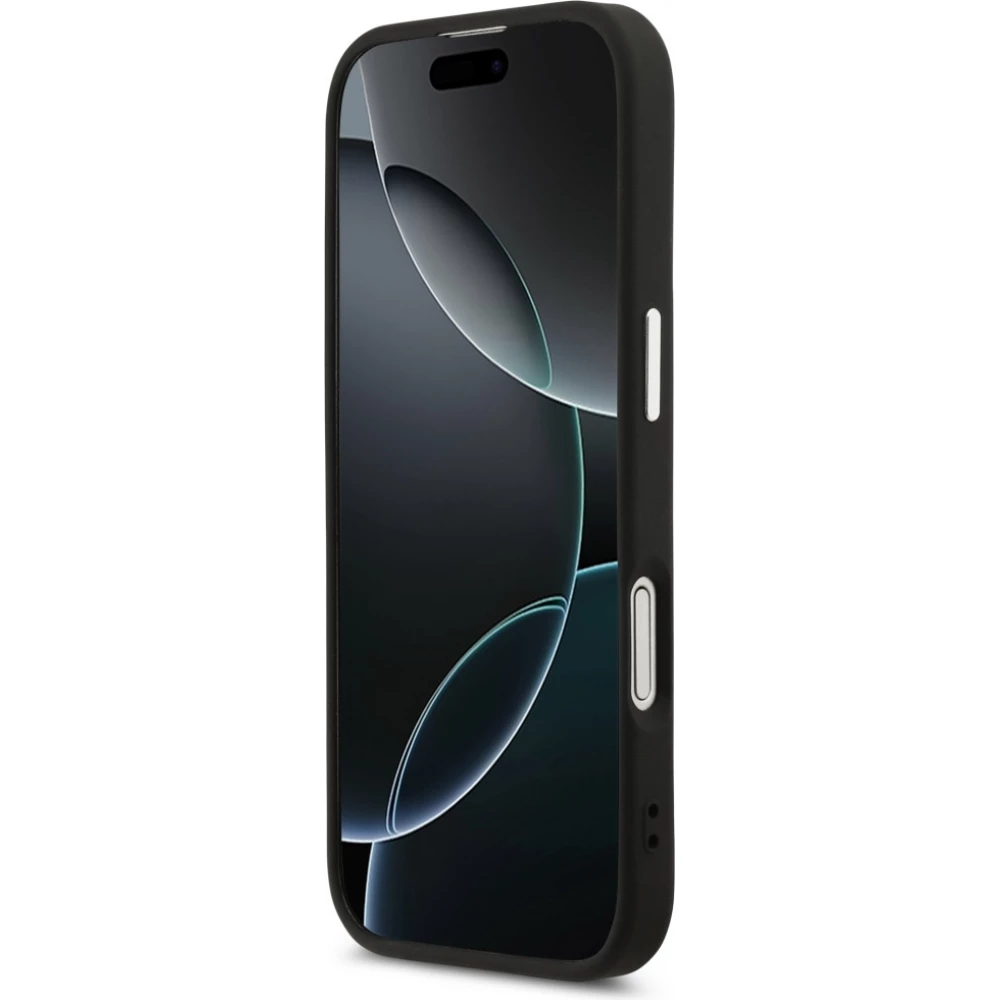 Coque iPhone 17 - Guess MagSafe cuir PU avec logo triangle et cadre caméra métal argenté - Noir