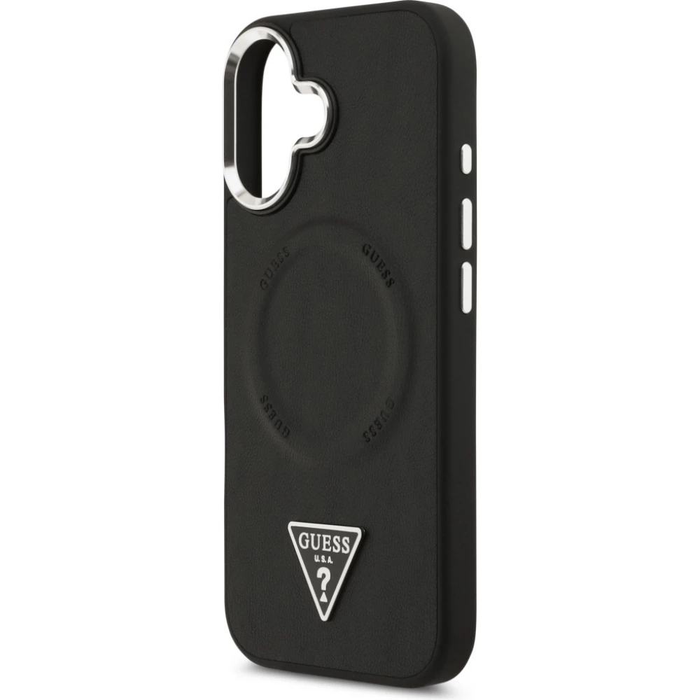 Coque iPhone 17 - Guess MagSafe cuir PU avec logo triangle et cadre caméra métal argenté - Noir