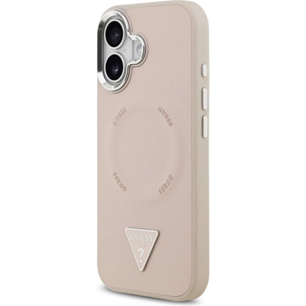 iPhone 17 Case Hülle - Guess MagSafe PU-Leder mit Triangel-Logo und silbernem Kamerarahmen - Rosa