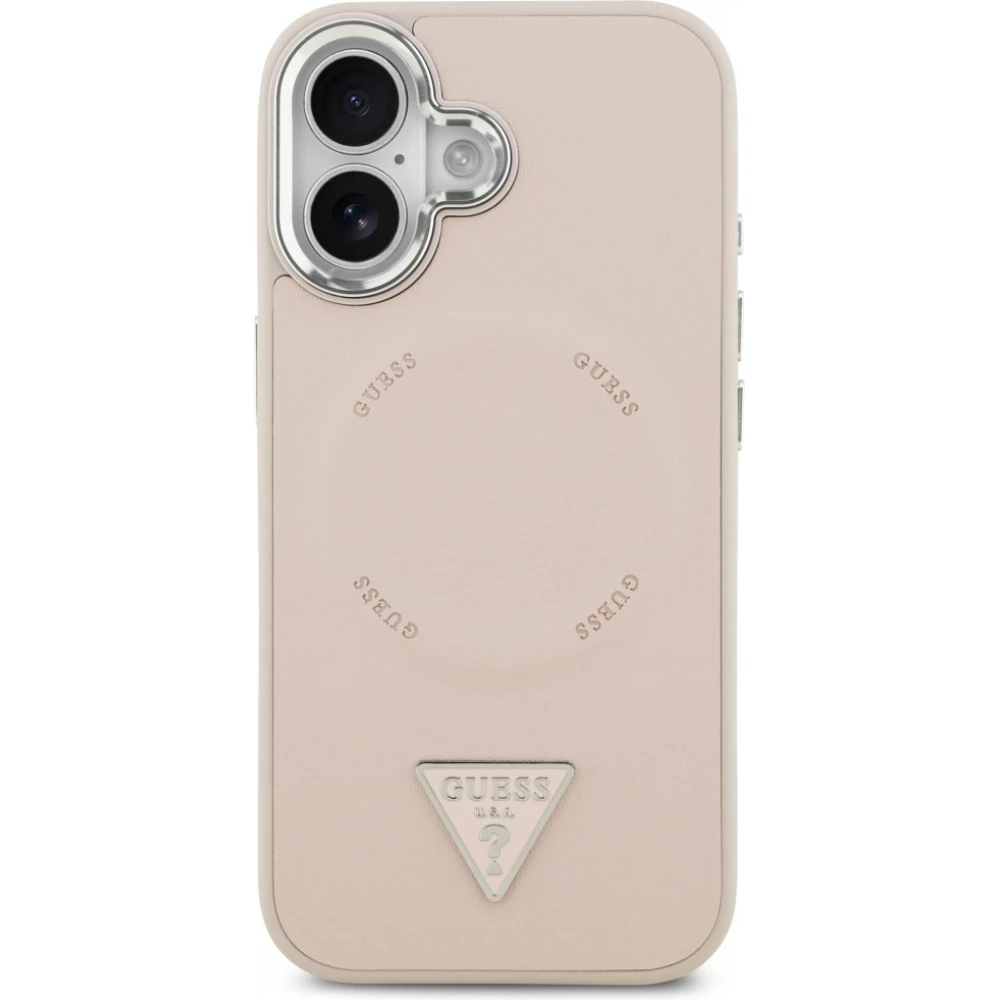 iPhone 17 Case Hülle - Guess MagSafe PU-Leder mit Triangel-Logo und silbernem Kamerarahmen - Rosa