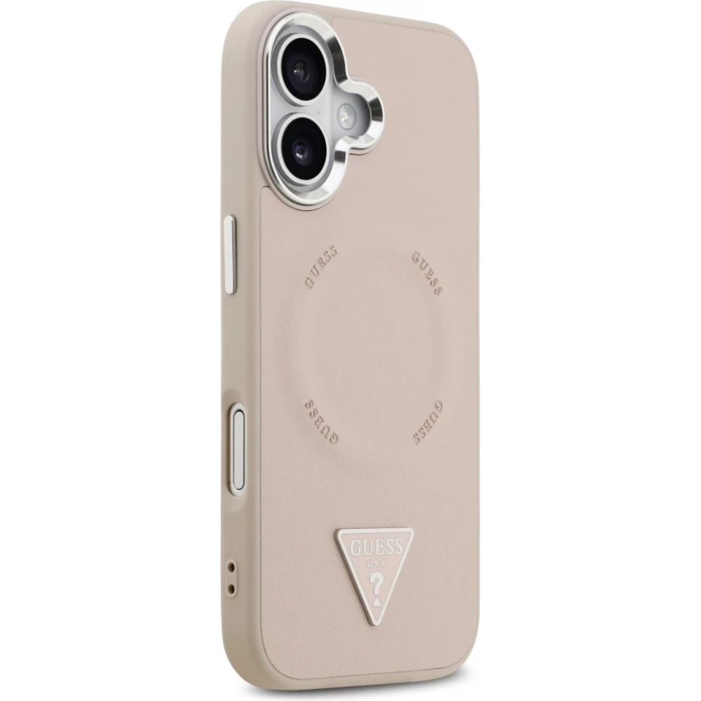 iPhone 17 Case Hülle - Guess MagSafe PU-Leder mit Triangel-Logo und silbernem Kamerarahmen - Rosa