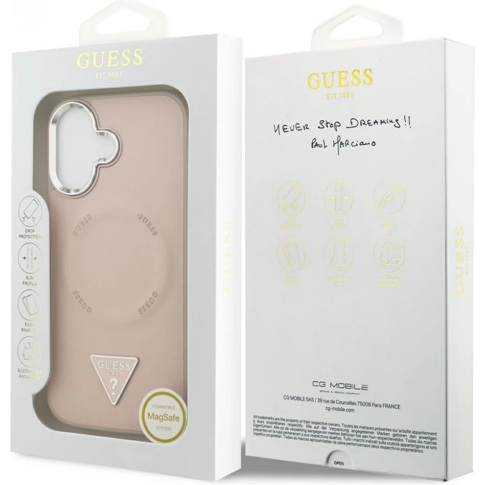 iPhone 17 Case Hülle - Guess MagSafe PU-Leder mit Triangel-Logo und silbernem Kamerarahmen - Rosa