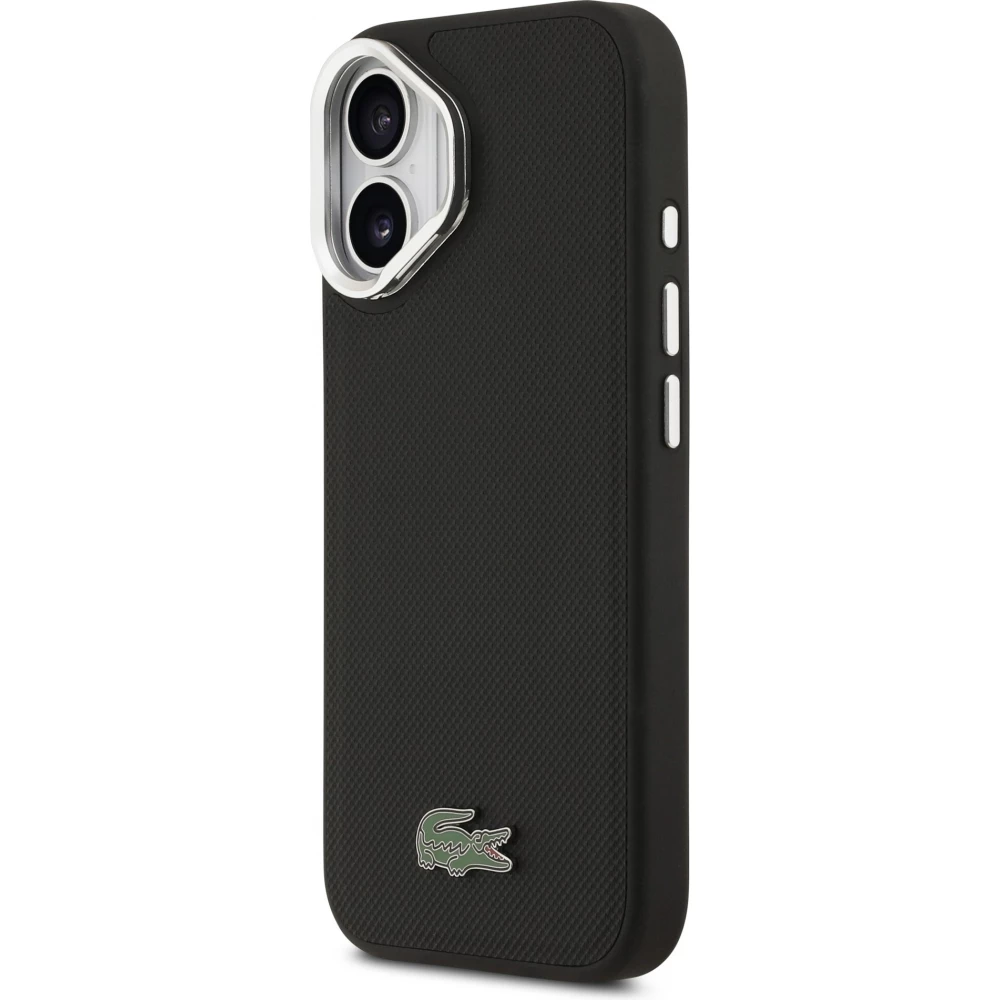 Coque iPhone 17 - Lacoste Iconique Petit Piqu&eacute; MagSafe avec support en m&eacute;tal sur la cam&eacute;ra - Noir