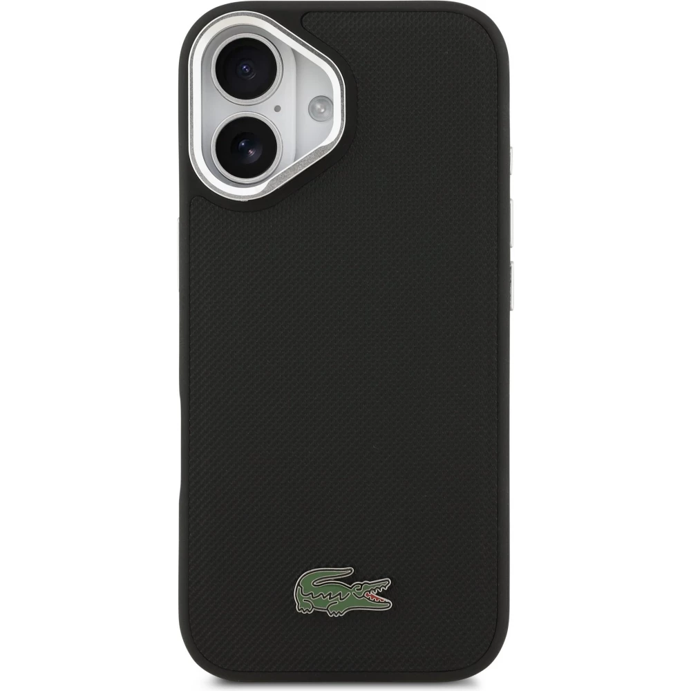 Coque iPhone 17 - Lacoste Iconique Petit Piqu&eacute; MagSafe avec support en m&eacute;tal sur la cam&eacute;ra - Noir
