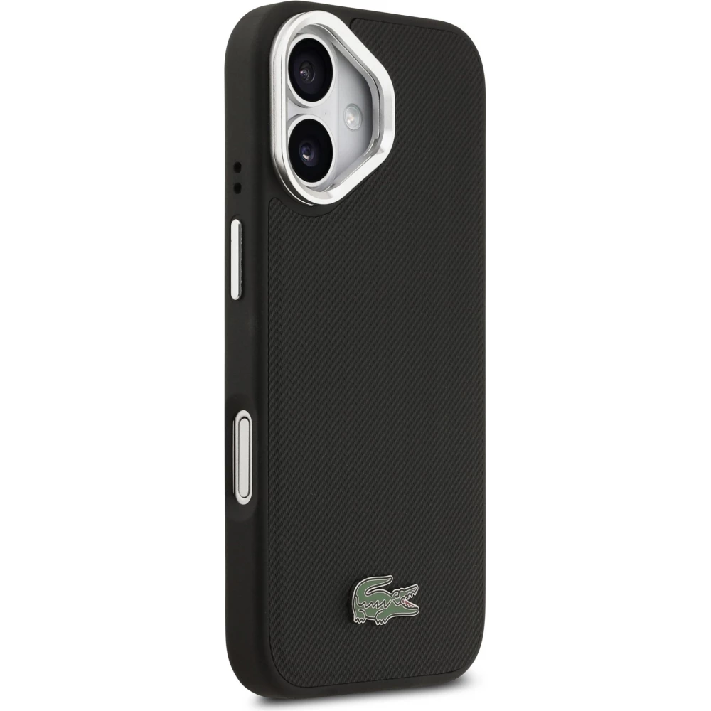 Coque iPhone 17 - Lacoste Iconique Petit Piqu&eacute; MagSafe avec support en m&eacute;tal sur la cam&eacute;ra - Noir