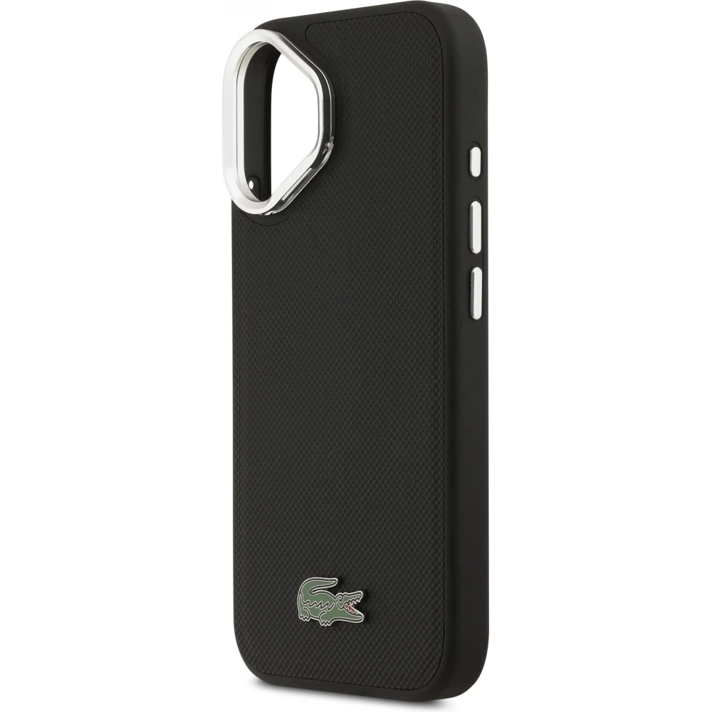 Coque iPhone 17 - Lacoste Iconique Petit Piqu&eacute; MagSafe avec support en m&eacute;tal sur la cam&eacute;ra - Noir