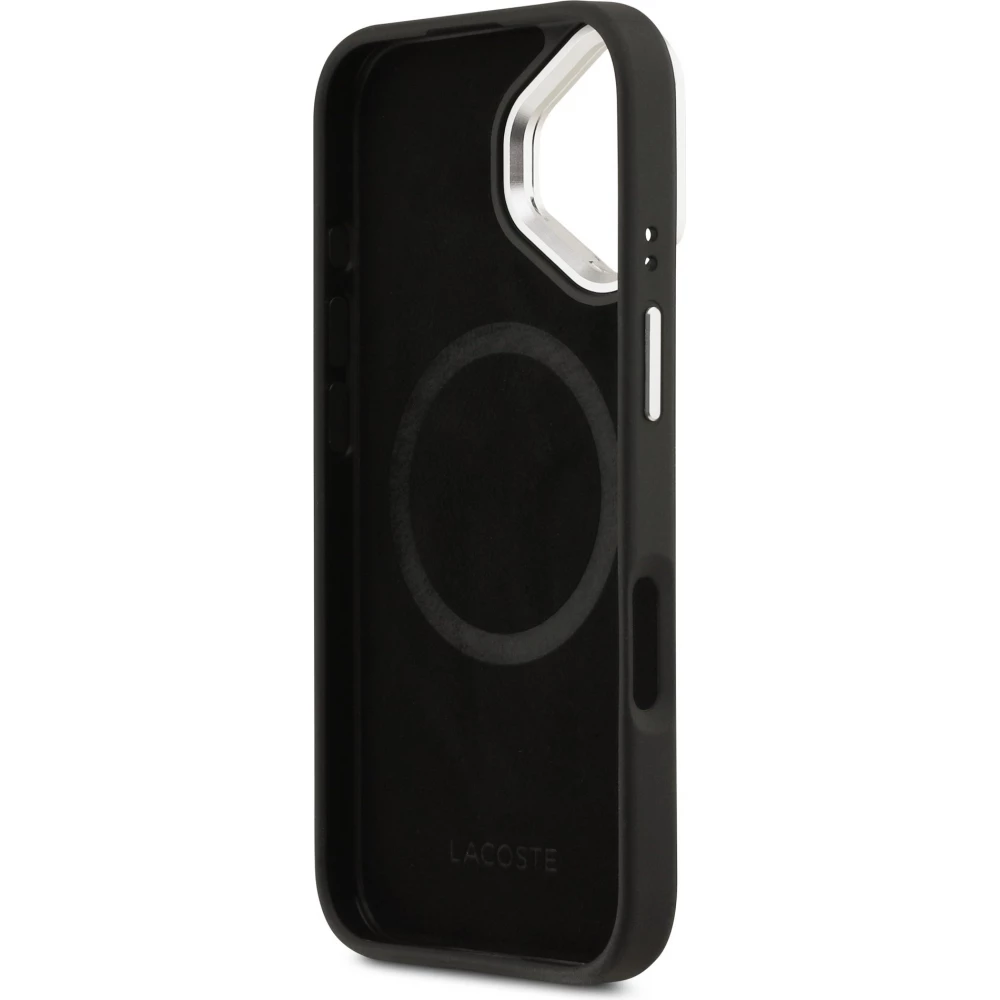 Coque iPhone 17 - Lacoste Iconique Petit Piqu&eacute; MagSafe avec support en m&eacute;tal sur la cam&eacute;ra - Noir