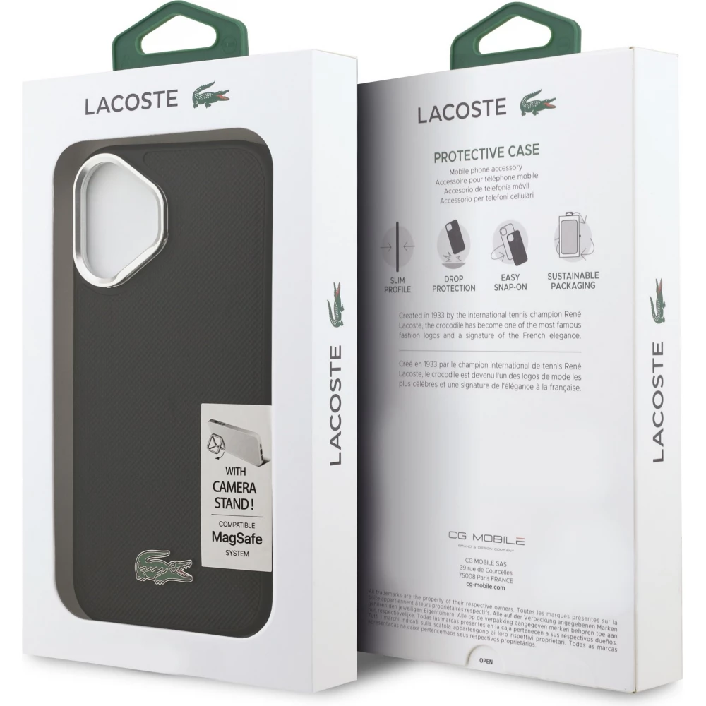 Coque iPhone 17 - Lacoste Iconique Petit Piqu&eacute; MagSafe avec support en m&eacute;tal sur la cam&eacute;ra - Noir