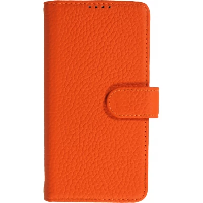Coque iPhone 17 - Leather Prestige en cuir véritable avec porte-cartes fermeture magnétique et support intégré - Orange