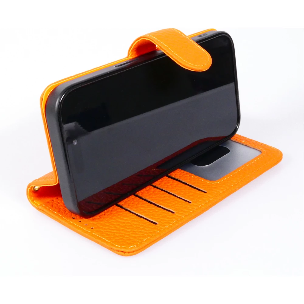 iPhone 17 Case Hülle - Leather Prestige aus echtem Leder mit Kartenfächern Magnetverschluss und integrierter Standfunktion - Orange