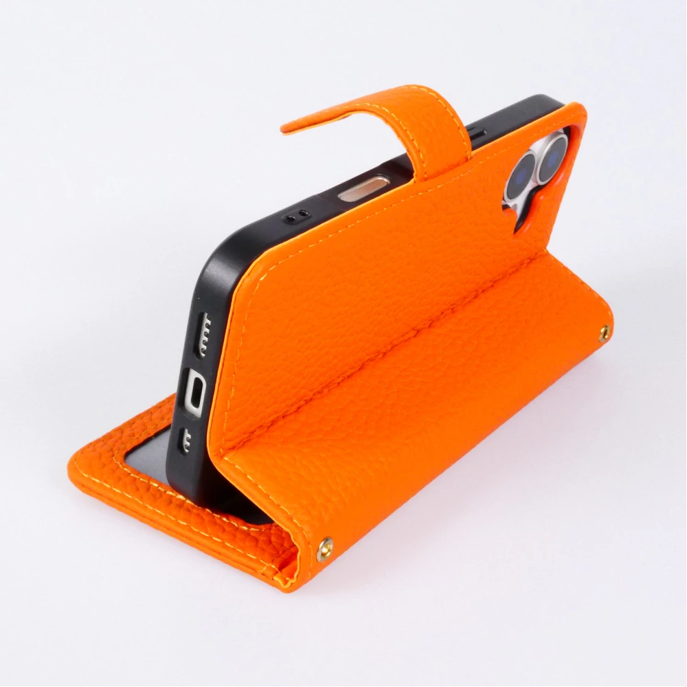 iPhone 17 Case Hülle - Leather Prestige aus echtem Leder mit Kartenfächern Magnetverschluss und integrierter Standfunktion - Orange