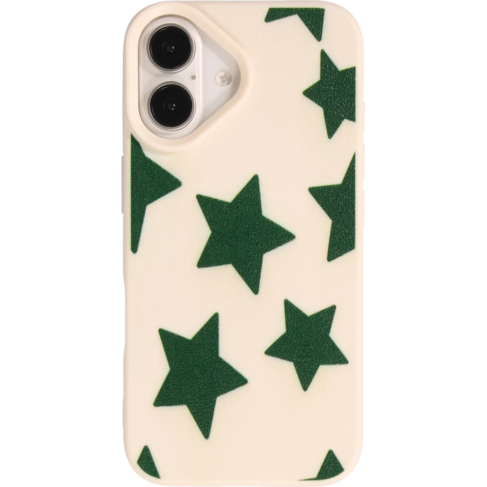 Coque iPhone 16 - Lucky stars en silicone effet cuir texturé avec étoiles vertes en relief - Vanille