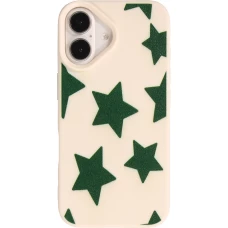 Coque iPhone 16 - Lucky stars en silicone effet cuir texturé avec étoiles vertes en relief - Vanille