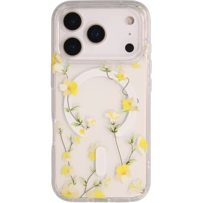 Coque iPhone 18 Pro / 17 Pro - Floral Lianes MagSafe en silicone r&eacute;sistante - Jaune