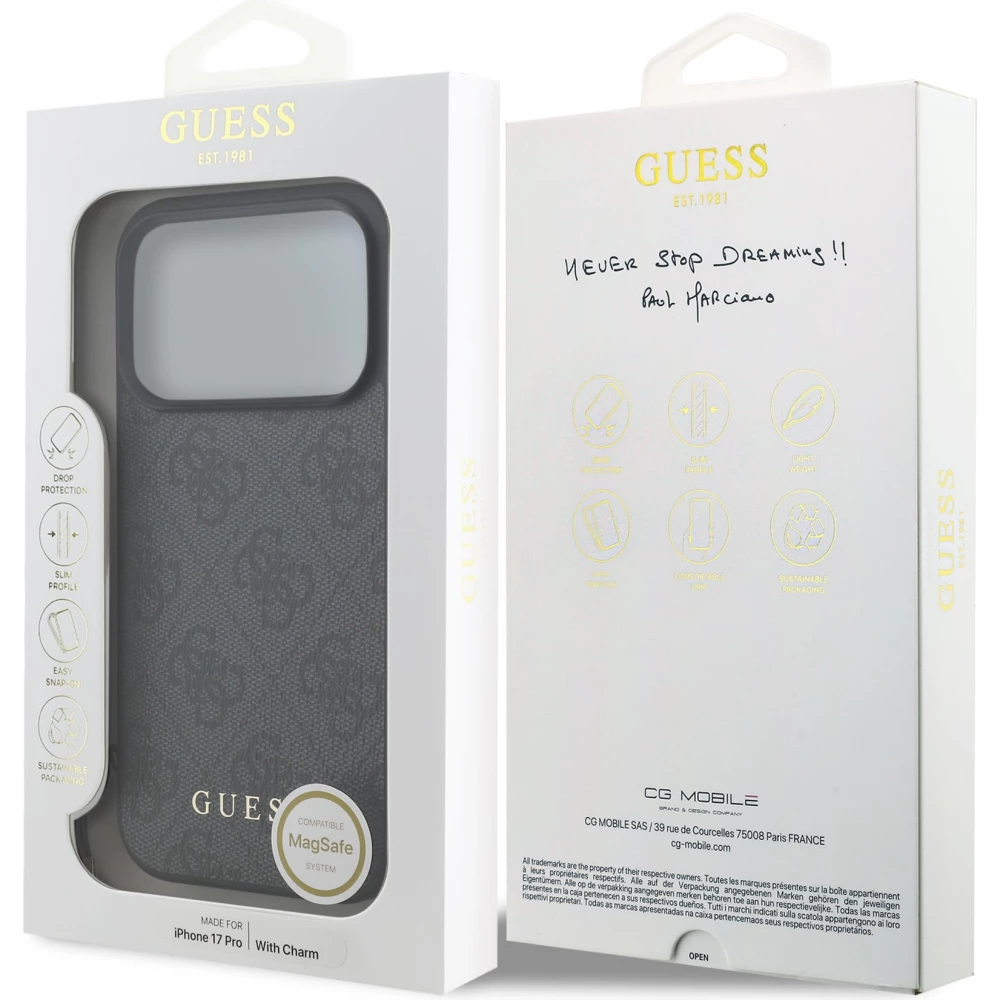 iPhone 17 Pro Case Hülle - Guess 4G Charm Elegante Schutz Raffiniertes Design Trendaccessoire - Grau