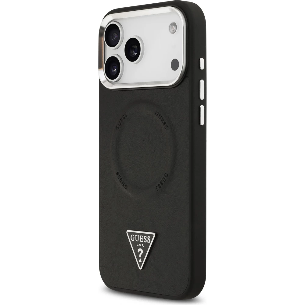Coque iPhone 17 Pro - Guess MagSafe cuir PU avec logo triangle et cadre cam&eacute;ra m&eacute;tal argent&eacute; - Noir