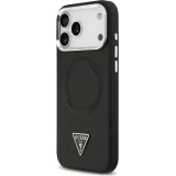 Coque iPhone 17 Pro - Guess MagSafe cuir PU avec logo triangle et cadre cam&eacute;ra m&eacute;tal argent&eacute; - Noir