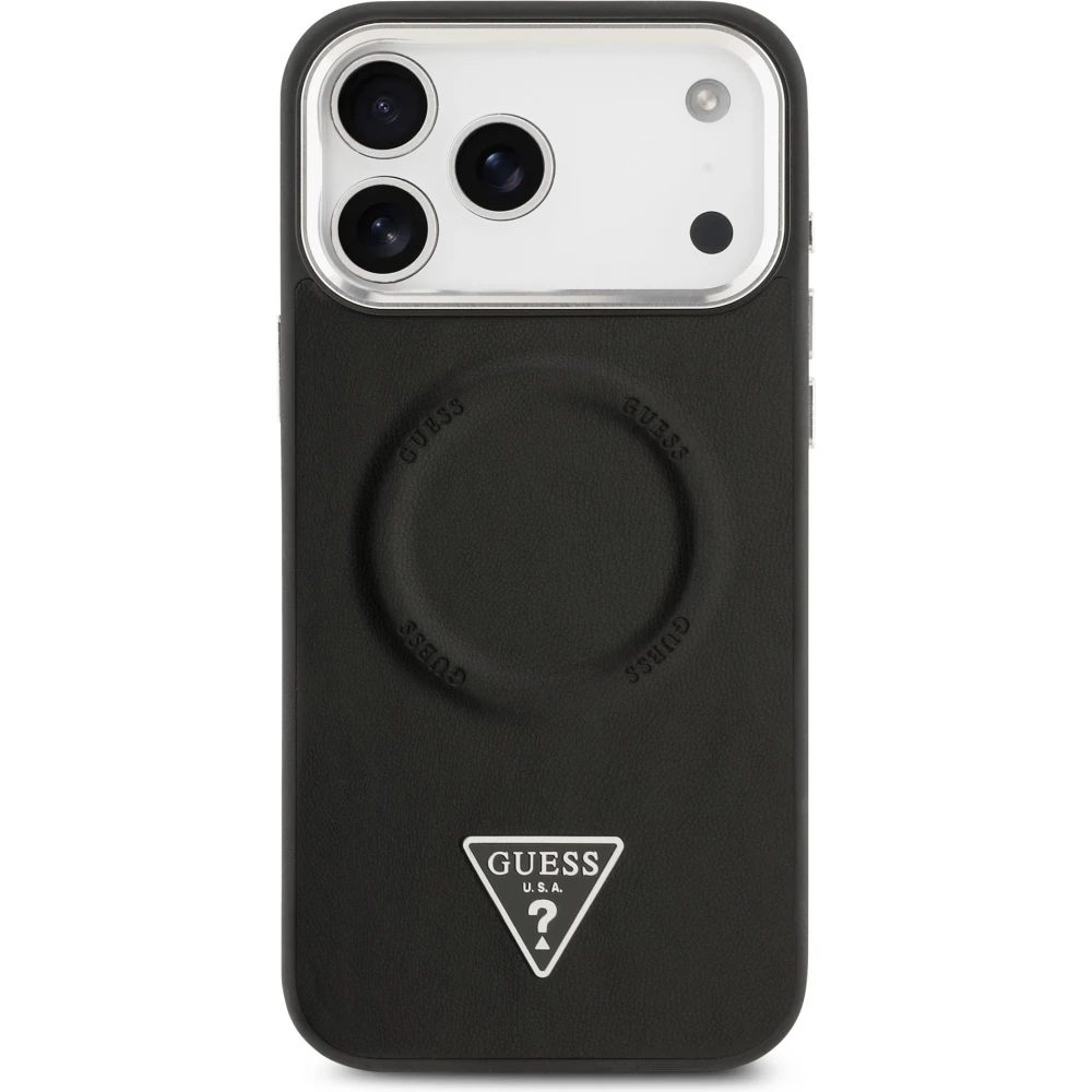 Coque iPhone 17 Pro - Guess MagSafe cuir PU avec logo triangle et cadre cam&eacute;ra m&eacute;tal argent&eacute; - Noir