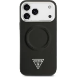 Coque iPhone 17 Pro - Guess MagSafe cuir PU avec logo triangle et cadre cam&eacute;ra m&eacute;tal argent&eacute; - Noir