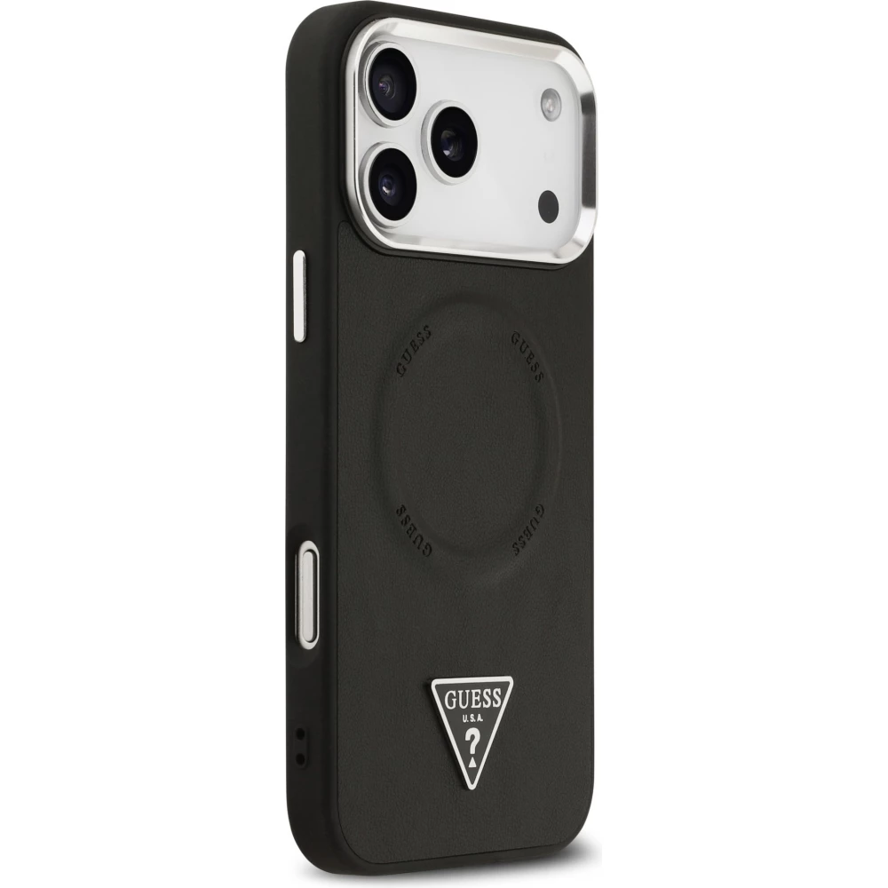 Coque iPhone 17 Pro - Guess MagSafe cuir PU avec logo triangle et cadre cam&eacute;ra m&eacute;tal argent&eacute; - Noir