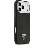 Coque iPhone 17 Pro - Guess MagSafe cuir PU avec logo triangle et cadre cam&eacute;ra m&eacute;tal argent&eacute; - Noir