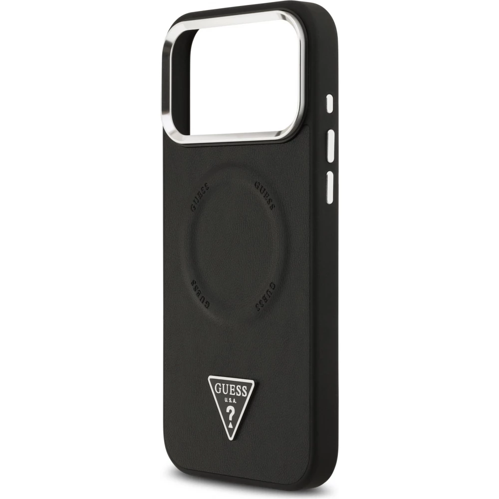 Coque iPhone 17 Pro - Guess MagSafe cuir PU avec logo triangle et cadre cam&eacute;ra m&eacute;tal argent&eacute; - Noir