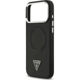Coque iPhone 17 Pro - Guess MagSafe cuir PU avec logo triangle et cadre cam&eacute;ra m&eacute;tal argent&eacute; - Noir
