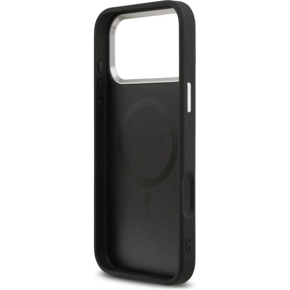 Coque iPhone 17 Pro - Guess MagSafe cuir PU avec logo triangle et cadre cam&eacute;ra m&eacute;tal argent&eacute; - Noir