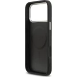 Coque iPhone 17 Pro - Guess MagSafe cuir PU avec logo triangle et cadre cam&eacute;ra m&eacute;tal argent&eacute; - Noir