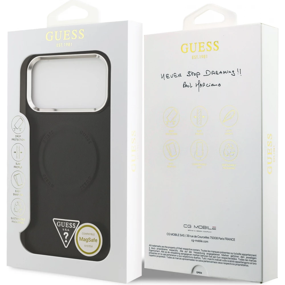 Coque iPhone 17 Pro - Guess MagSafe cuir PU avec logo triangle et cadre cam&eacute;ra m&eacute;tal argent&eacute; - Noir
