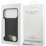 Coque iPhone 17 Pro - Guess MagSafe cuir PU avec logo triangle et cadre cam&eacute;ra m&eacute;tal argent&eacute; - Noir