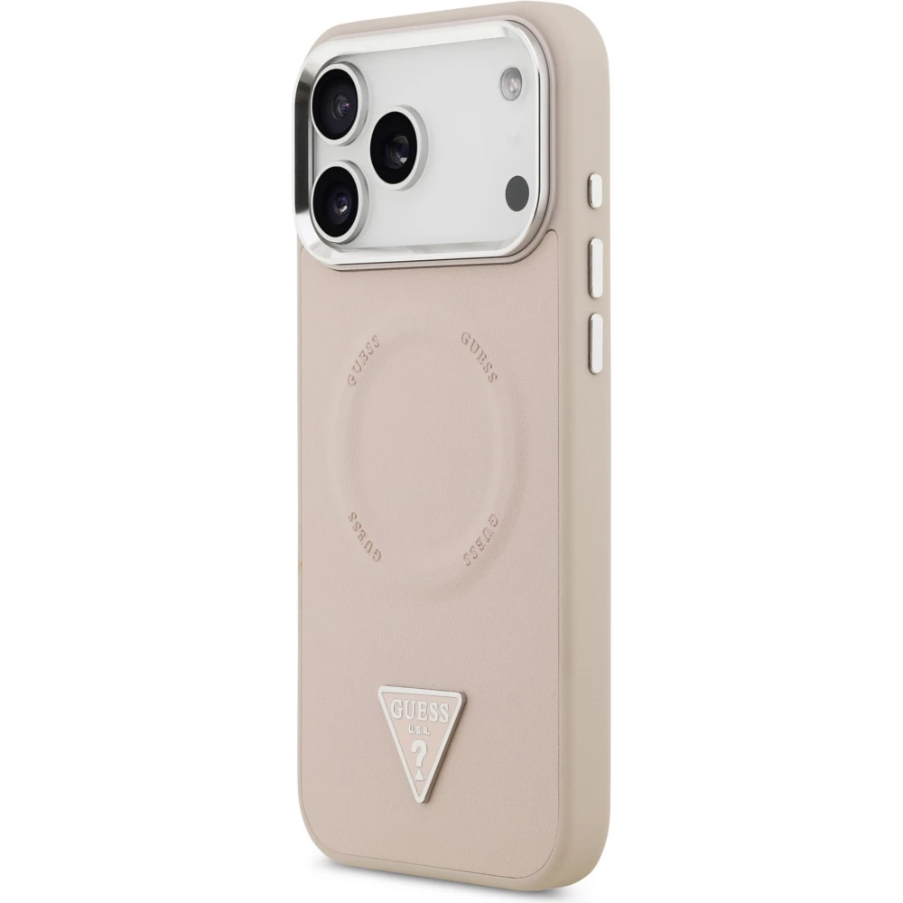 Coque iPhone 17 Pro - Guess MagSafe cuir PU avec logo triangle et cadre cam&eacute;ra m&eacute;tal argent&eacute; - Rose