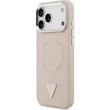Coque iPhone 17 Pro - Guess MagSafe cuir PU avec logo triangle et cadre cam&eacute;ra m&eacute;tal argent&eacute; - Rose