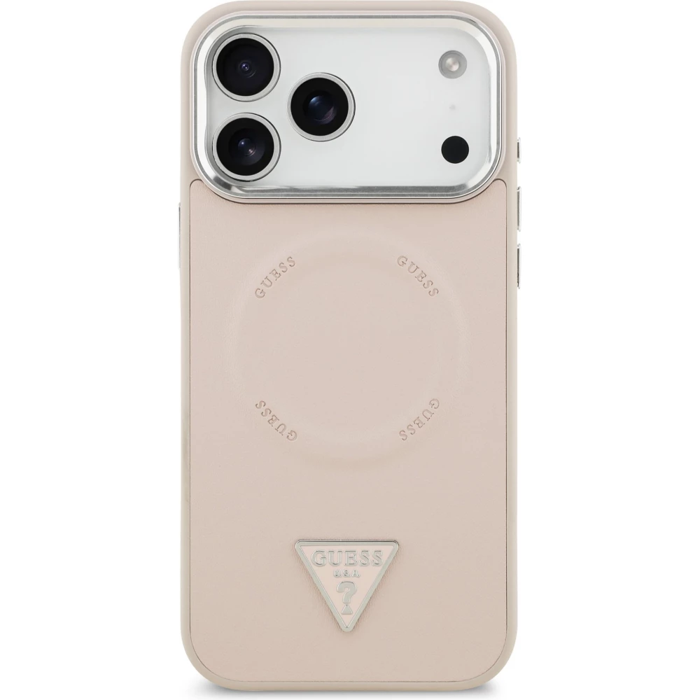 Coque iPhone 17 Pro - Guess MagSafe cuir PU avec logo triangle et cadre cam&eacute;ra m&eacute;tal argent&eacute; - Rose