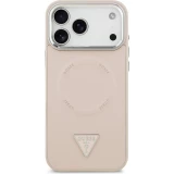 Coque iPhone 17 Pro - Guess MagSafe cuir PU avec logo triangle et cadre cam&eacute;ra m&eacute;tal argent&eacute; - Rose