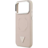 Coque iPhone 17 Pro - Guess MagSafe cuir PU avec logo triangle et cadre cam&eacute;ra m&eacute;tal argent&eacute; - Rose