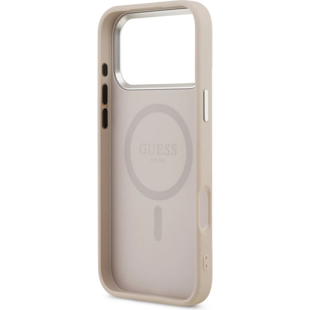 Coque iPhone 17 Pro - Guess MagSafe cuir PU avec logo triangle et cadre cam&eacute;ra m&eacute;tal argent&eacute; - Rose