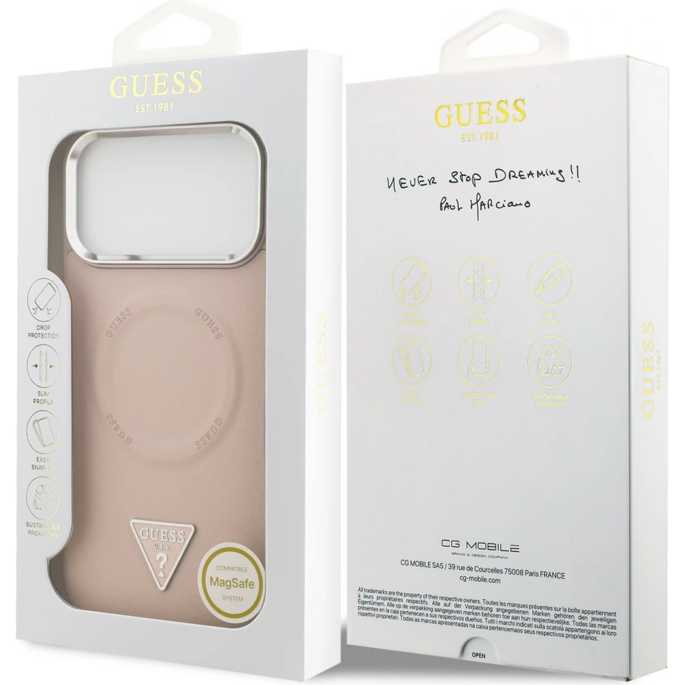 Coque iPhone 17 Pro - Guess MagSafe cuir PU avec logo triangle et cadre cam&eacute;ra m&eacute;tal argent&eacute; - Rose