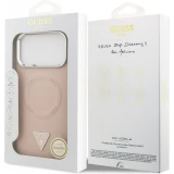 Coque iPhone 17 Pro - Guess MagSafe cuir PU avec logo triangle et cadre cam&eacute;ra m&eacute;tal argent&eacute; - Rose