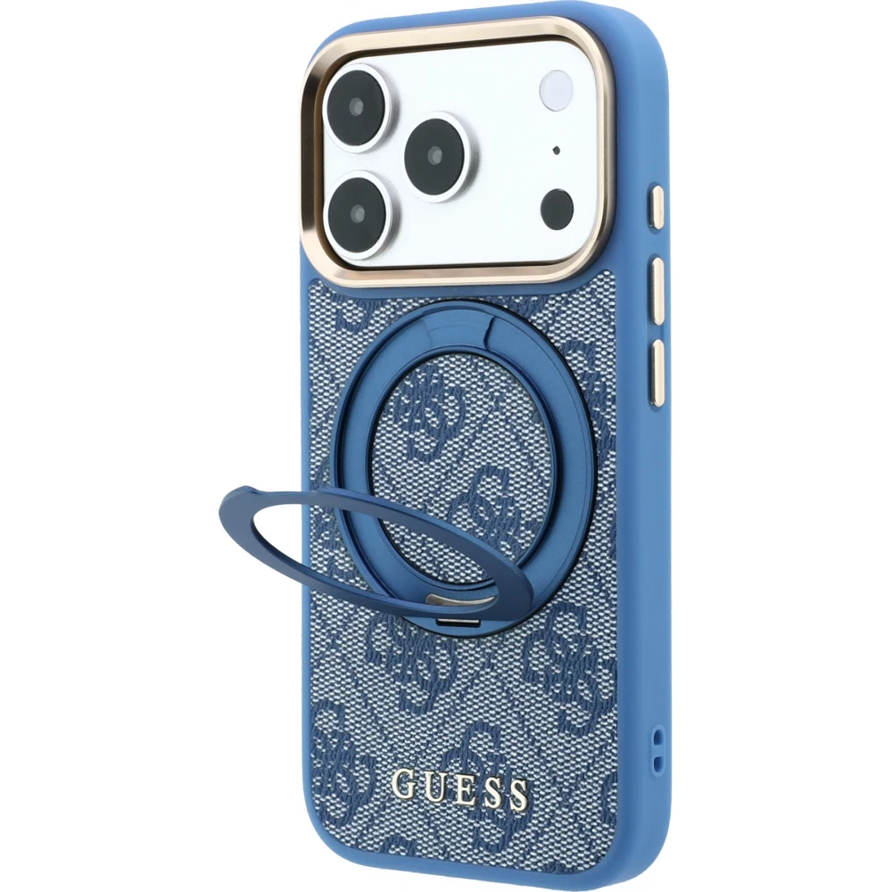 Coque iPhone 17 Pro - Guess PU 4G avec anneau support 360&deg; MagSafe et cadre m&eacute;tallique - Bleu