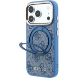 Coque iPhone 17 Pro - Guess PU 4G avec anneau support 360&deg; MagSafe et cadre m&eacute;tallique - Bleu