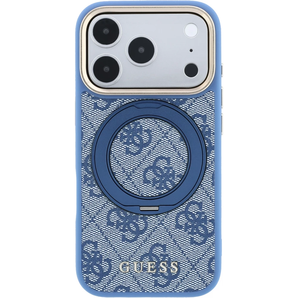 Coque iPhone 17 Pro - Guess PU 4G avec anneau support 360&deg; MagSafe et cadre m&eacute;tallique - Bleu