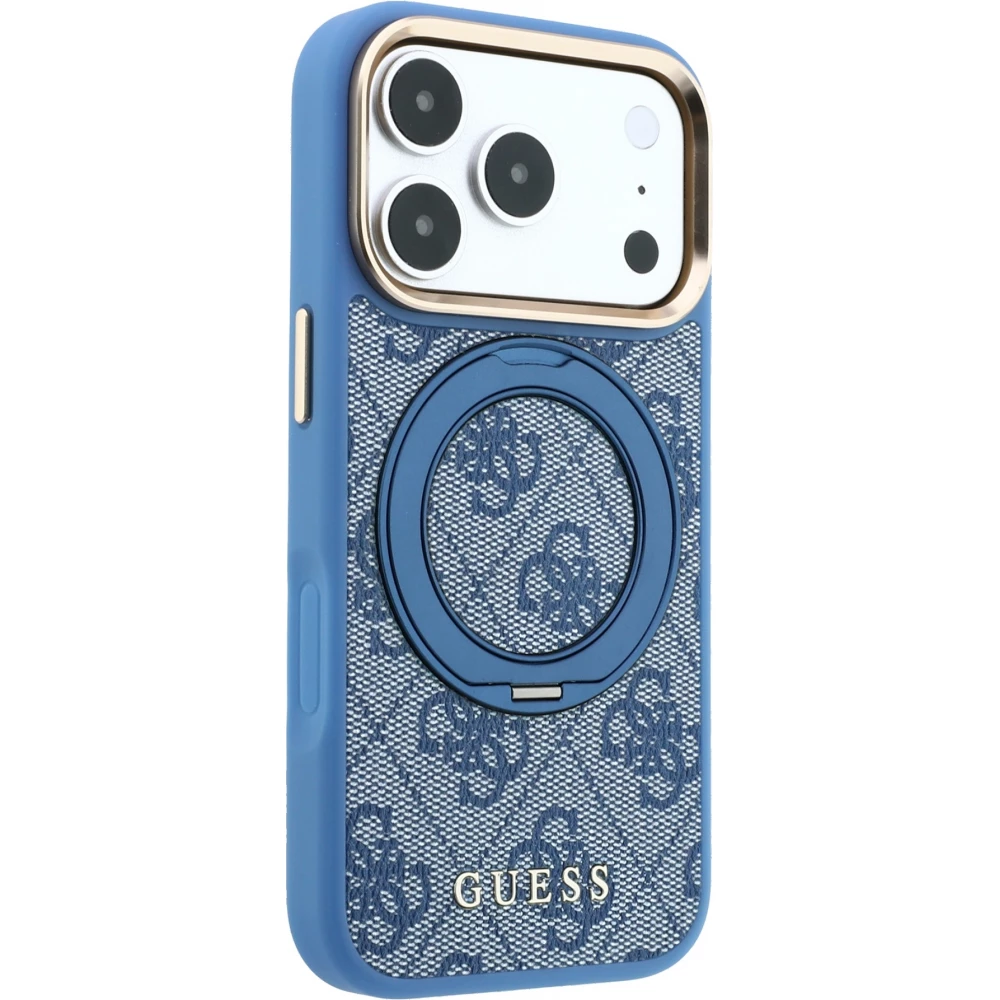 Coque iPhone 17 Pro - Guess PU 4G avec anneau support 360&deg; MagSafe et cadre m&eacute;tallique - Bleu