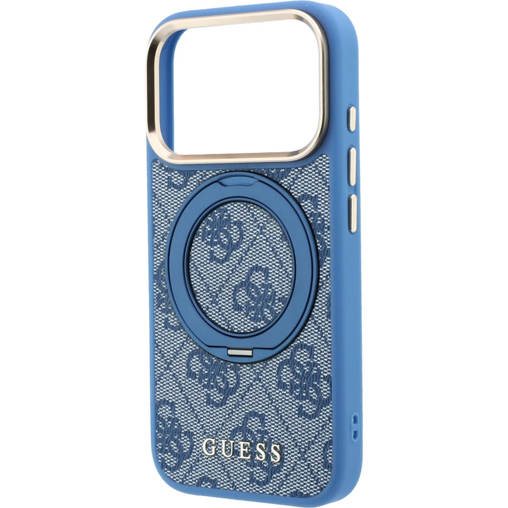 Coque iPhone 17 Pro - Guess PU 4G avec anneau support 360&deg; MagSafe et cadre m&eacute;tallique - Bleu